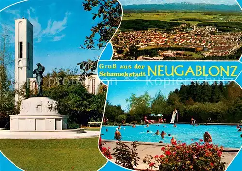 AK / Ansichtskarte Neugablonz Denkmal Kirche Freibad Fliegeraufnahme mit Blick zu den Alpen Neugablonz