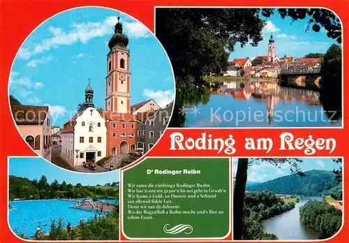 AK / Ansichtskarte Roding_Regen D#Rodinger Reibn Poesie Motive Altstadt Kirche Partie am Regen Freibad Roding Regen