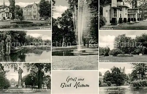 AK / Ansichtskarte Bad_Hamm Kurhaus Kurpark Baerenbrunnen Leuchtfontaene Badehaus Schloss Heessen Bad_Hamm