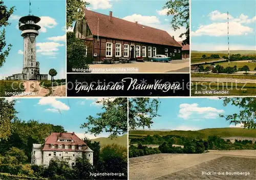 AK / Ansichtskarte Nottuln Longinusturm Waldgaststaette Leopolds Hoehe UKW Sender Jugendherberge Blick in die Baumberge Nottuln