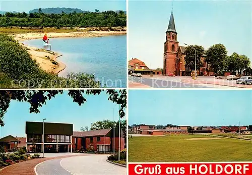 AK / Ansichtskarte Holdorf_Niedersachsen Strand Kirche Ortspartien Holdorf Niedersachsen