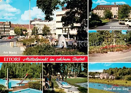 AK / Ansichtskarte Eitorf Markt Krankenhaus Freibad Minigolf Partie an der Sieg Park Eitorf