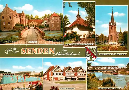 AK / Ansichtskarte Senden_Westfalen Schloss Ev Kirche Friedenskapelle Kath Kirche St Laurentius Frei und Hallenbad Eintrachtstrasse Dormund Ems Kanal Senden_Westfalen