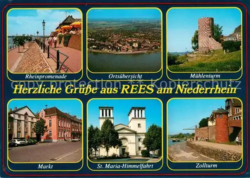 AK / Ansichtskarte Rees_Rhein Rheinpromenade Fliegeraufnahme Muehlenturm Markt St Maria Himmelfahrt Zollturm Rees_Rhein