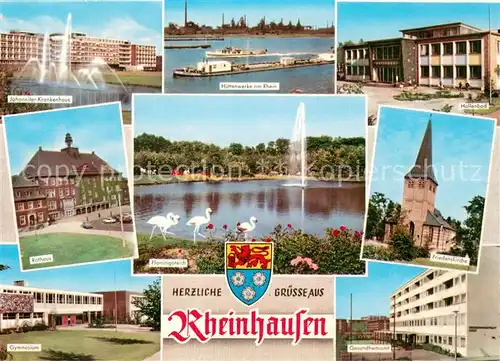 AK / Ansichtskarte Rheinhausen_Duisburg Johanniter Krankenhaus Huettenwerke am Rhein Hallenbad Rathaus Flamingoteich Friedenskirche Gymnasium Gesundheitsamt Rheinhausen Duisburg