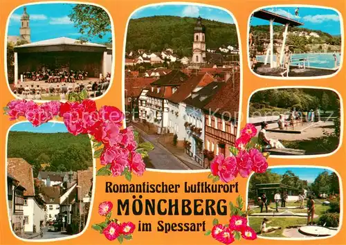 AK / Ansichtskarte Moenchberg_Spessart Konzertpavillon Teilansichten Schwimmbad Wassertretanlage Minigolf Moenchberg Spessart
