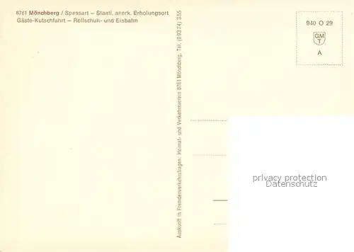 AK / Ansichtskarte Moenchberg_Spessart Panorama Gaeste Kutschfahrt Rollschuh und Eisbahn Moenchberg Spessart