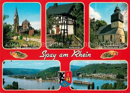 AK / Ansichtskarte Spay_Mayen_Koblenz St Lambertus Kirche Dorfbrunnen Alte Kirche  Rheinpartien Spay_Mayen_Koblenz