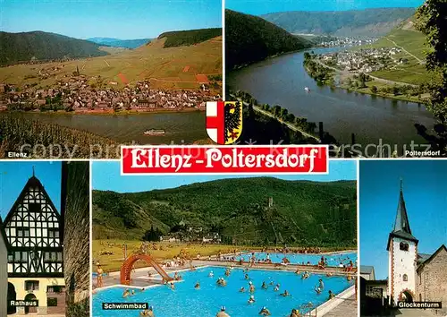 AK / Ansichtskarte Poltersdorf_Mosel Ellenz Moselpartie Rathaus Schwimmbad Glockenturm 