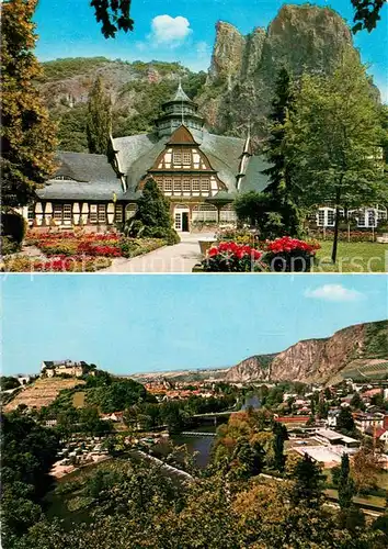 AK / Ansichtskarte Bad_Muenster_Stein_Ebernburg Baederhaus mit Rheingrafenstein Naheblick mit Rotenfels und Thermalschwimmbad Bad_Muenster