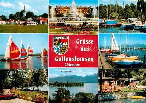 AK / Ansichtskarte Gollenshausen_Chiemsee Ortsansicht Schloss Bootshafen Segelpartie Strand Fraueninsel Gollenshausen_Chiemsee
