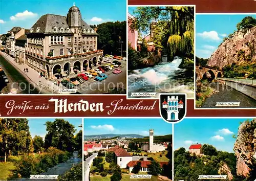 AK / Ansichtskarte Menden_Sauerland Rathaus An der Hoenne Uhu Felsen Platteheide Burg Klusenstein Menden_Sauerland