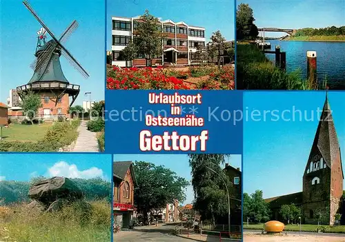 Gettorf Windmuehle Kirche Ortsmotiv Modernes Gebaeude Felsen Partie an der Eider Gettorf