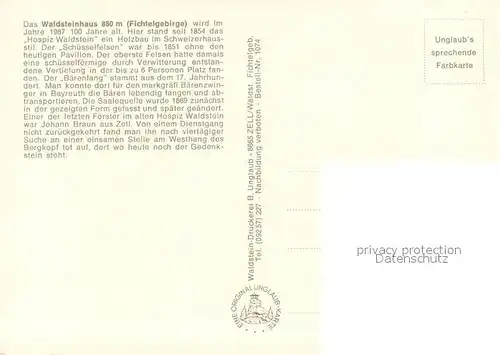 Zell_Fichtelgebirge 100 Jahre Waldsteinhaus Fichtelgebirge Hospiz Waldstein Saalequelle Foerster Braun Gedenkstein Schuesselfelsen um 1850 Baerenfang 17. Jhdt. Zell Fichtelgebirge