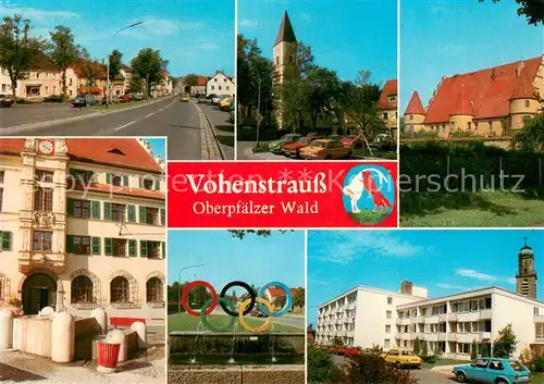 AK / Ansichtskarte Vohenstrauss Strassenpartie Kirche Friedensburg Rathaus Stadion Wohnblock Vohenstrauss