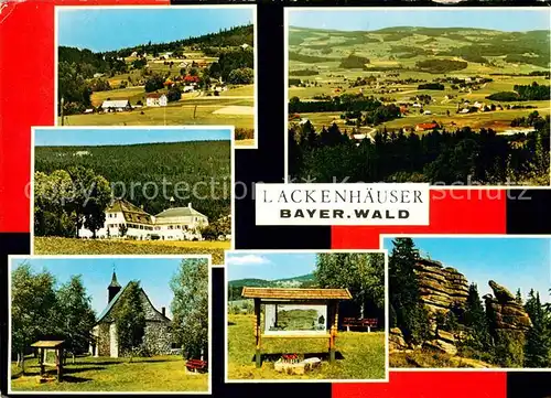 AK / Ansichtskarte Lackenhaeuser_Niederbayern Panorama Fliegeraufnahme Gasthof Kirche Infotafel Felsen Lackenhaeuser Niederbayern