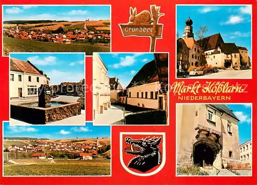 AK / Ansichtskarte Koesslarn Panorama Brunnen Unteres Torhaus Wehrmauer der Kirchenburg Wappen Koesslarn