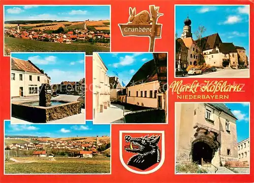 AK / Ansichtskarte Koesslarn Panorama Brunnen Unteres Torhaus Wehrmauer der Kirchenburg Wappen Koesslarn