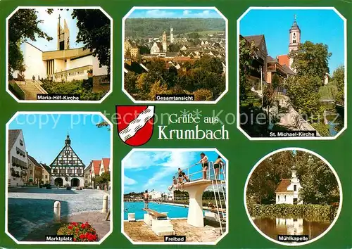 AK / Ansichtskarte Krumbach_Schwaben Kirchen Gesamtansicht Marktplatz Freibad Muehlkapelle Krumbach Schwaben