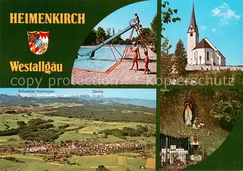 AK / Ansichtskarte Heimenkirch Freibad Kirche Grotte Heiligenfigur Schweizer Hochalpen Fliegeraufnahme Heimenkirch