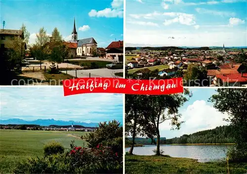 AK / Ansichtskarte Halfing Ortsansicht mit Kirche Partie am See Panorama Blick zu den Alpen Halfing