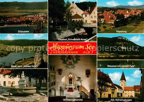 AK / Ansichtskarte Happurg Stausee Hersbrucker Alb Gasthof Blick vom Hohler Fels Gaensemaennchen Brunnen St. Georgskirche Innenansicht Am Schwingbogen Happurg