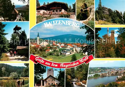 AK / Ansichtskarte Hauzenberg_Niederbayern Ortsansicht mit Kirche Landschaft Aussichtsturm Felsen Baer Passau Hauzenberg Niederbayern