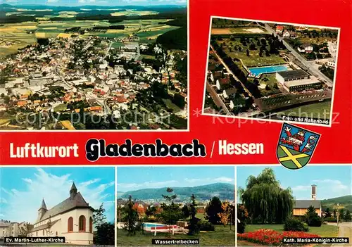 AK / Ansichtskarte Gladenbach Fliegeraufnahme Luftkurort Freibad Hallenbad Kirche Wassertreten Gladenbach