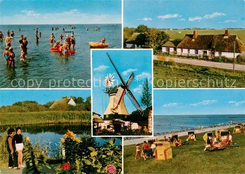 AK / Ansichtskarte Westerdeichstrich Badespass Muehle Reetdachhaus Strandpartie Westerdeichstrich