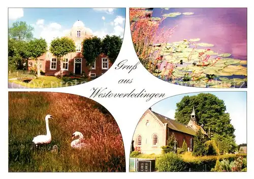 AK / Ansichtskarte Westoverledingen Pension Seerosenteich Schwaene Kirche Westoverledingen