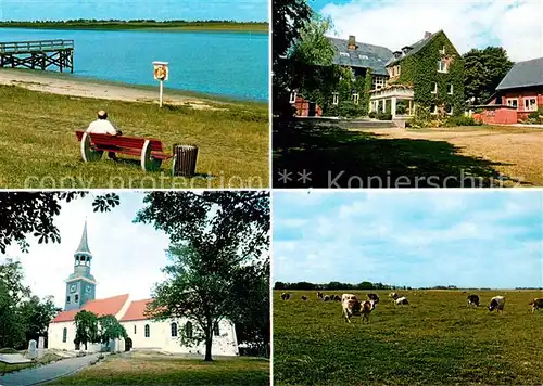 AK / Ansichtskarte Lunden_Holstein Strand Gasthaus Kirche Viehweide Lunden_Holstein