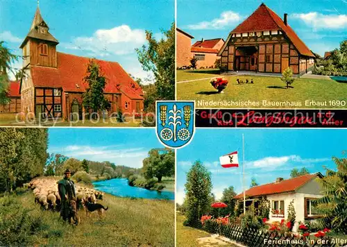AK / Ansichtskarte Langlingen_Celle Kirche Bauernhaus Schaefer mit Herde Ferienhaus an der Aller Langlingen_Celle