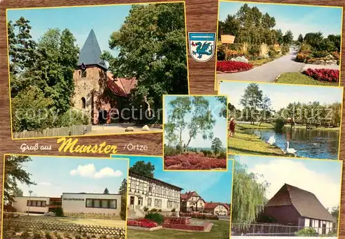 AK / Ansichtskarte Munster_oertze Kirche Park Schwanenteich Soldatenheim Fachwerkhaus Munster_oertze