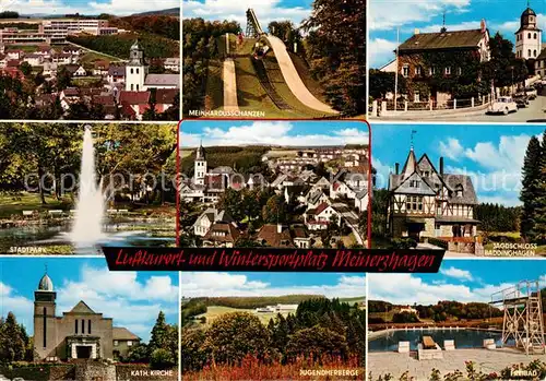 AK / Ansichtskarte Meinerzhagen Ortsmotiv mit Kirche Stadtpark Jagdschloss Jugendherberge Freibad Skisprungschanze Meinerzhagen