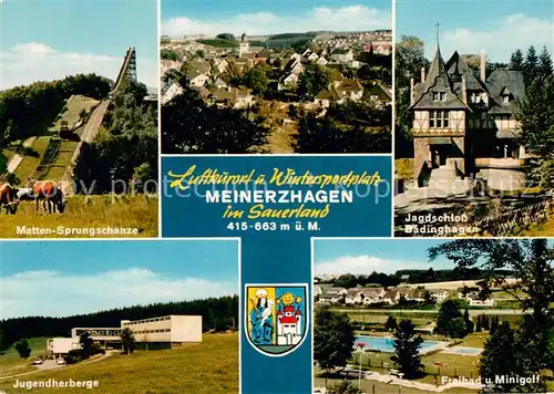 AK / Ansichtskarte Meinerzhagen Panorama Luftkurort und Wintersportplatz Skisprungschanze Jagdschloss Freibad Minigolf Jugendherberge Meinerzhagen