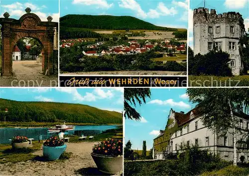 AK / Ansichtskarte Wehrden Panorama Torbogen Schloss Partie an der Weser Fahrgastschiff Wehrden