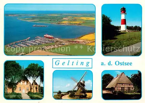 AK / Ansichtskarte Gelting_Schleswig_Holstein Fliegeraufnahme Ostsee Leuchtturm Windmuehle Reetdachhaus Gelting_Schleswig