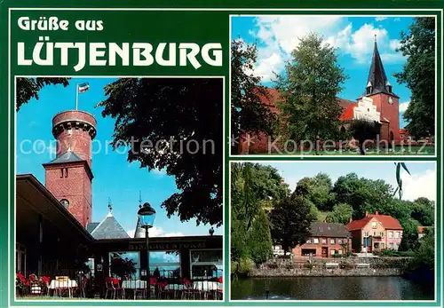 AK / Ansichtskarte Luetjenburg_Holstein Kirche Turm Restaurant Terrasse Partie an der Kossau Luetjenburg_Holstein