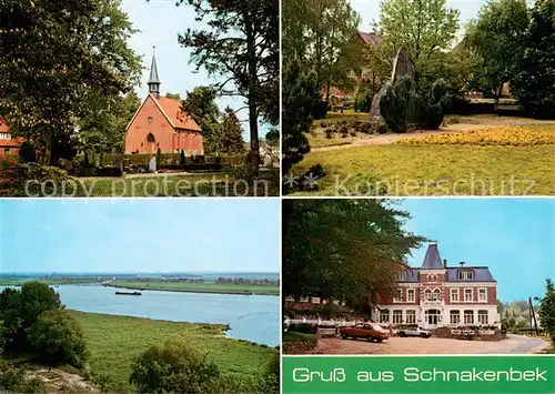 AK / Ansichtskarte Schnakenbek Kirche Parkanlagen Denkmal Hotel Landschaftspanorama Blick ueber die Elbe Schnakenbek