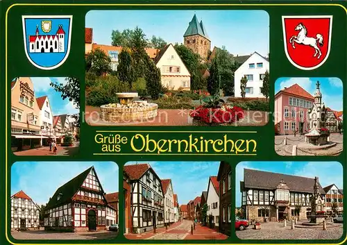 AK / Ansichtskarte Obernkirchen Motive Altstadt Fachwerkhaeuser Brunnen Kirche Wappen Obernkirchen
