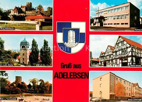 Adelebsen Blick zur Burg Rathaus Fachwerkhaeuser Kirche Reit  und Turnierplatz Alma Luisenstift Adelebsen