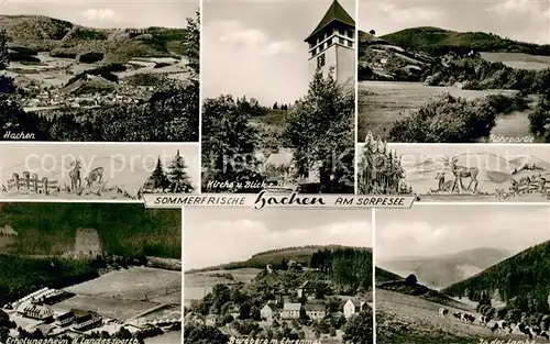 Hachen_Sauerland Panorama Kirche Rohrpartie Erholungsheim des Landessportbundes Fliegeraufnahme Burgberg mit Ehrenmal Rinderherde Hachen_Sauerland