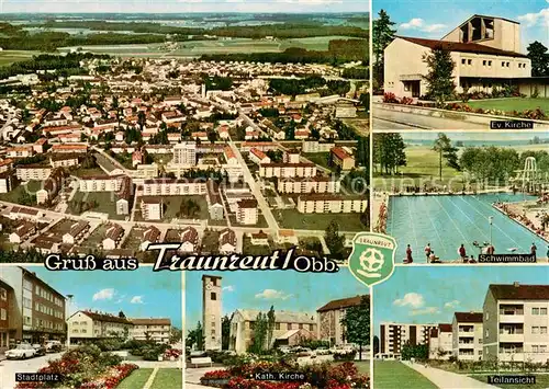 Traunreut Fliegeraufnahme Ev Kirche Schwimmbad Stadtplatz Kath Kirche Teilansicht Traunreut