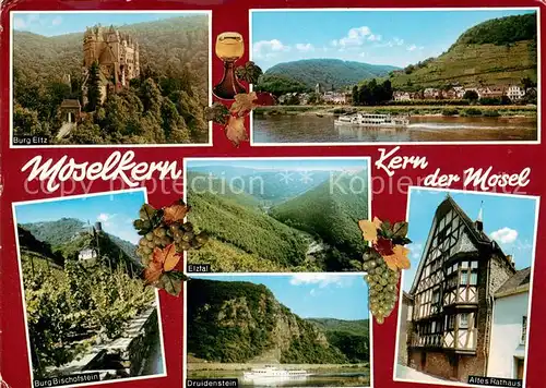 Moselkern Panorama Blick ueber die Mosel Fahrgastschiff Burg Eltz Burg Bischofstein Eltztal Druidenstein Altes Rathaus Fachwerkhaus Moselkern