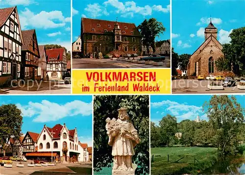 Volkmarsen Altstadt Fachwerkhaeuser Rathaus Kirche Denkmal Statue Partie am Bach Volkmarsen