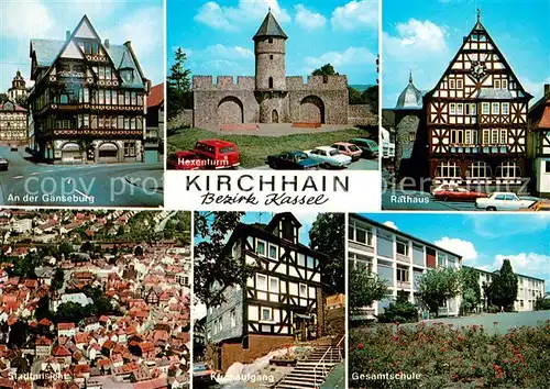 Kirchhain_Hessen Altstadt An der Gaenseburg Fachwerkhaeuser Hexenturm Rathaus Schule Kirchaufgang Fliegeraufnahme Kirchhain Hessen