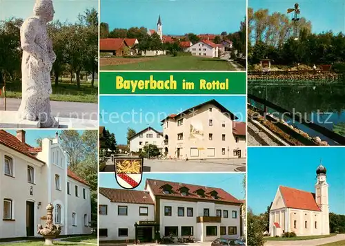 Bayerbach_Rott Denkmal Statue Ortsmotiv mit Kirche Weiher Bayerbach Rott