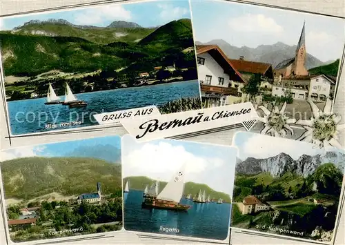 Bernau_Chiemsee Blick vom See Regatta Segeln Alpenpanorama Motiv mit Kirche Kampenwand Bernau Chiemsee