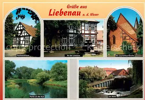 Liebenau_Nienburg Fachwerkhaus An der Loewinne St. Laurentius Kirche Partie an der Aue Wehr Liebenau Nienburg