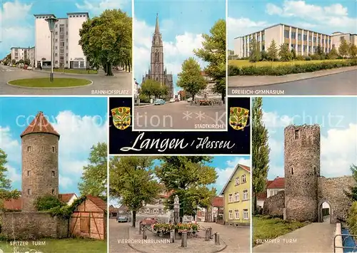 Langen_Hessen Bahnhofsplatz Stadtkirche Gymnasium Spitzer Turm Brunnen Stumpfer Turm Langen Hessen